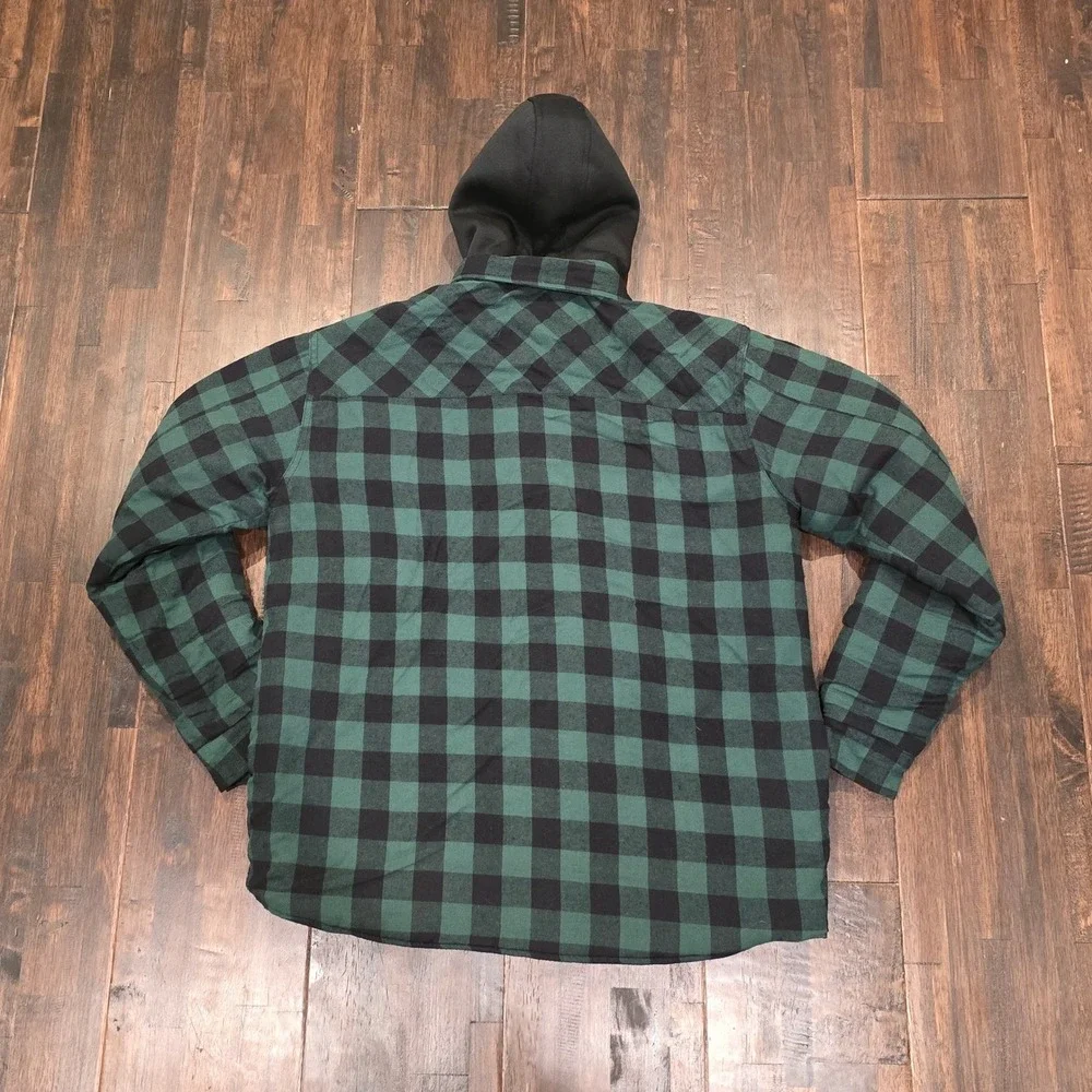 Y2K Ground Force Mens L Green Plaid Flannel Lined Hooded‎ Shirt Jacket Grunge